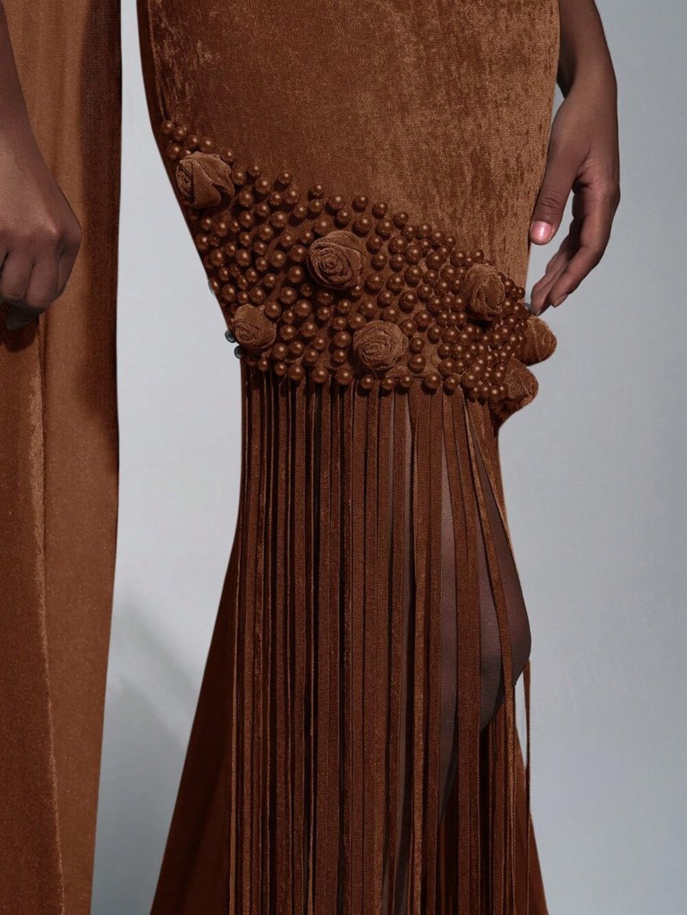 Brown Elegant Romantic Women's Velvet Tassel Sequin Party Dress - Picture 8 of 8